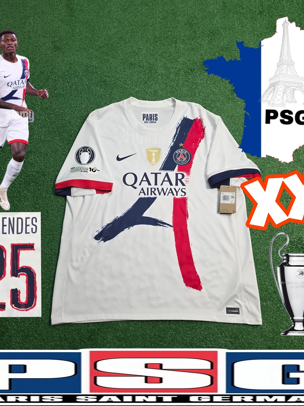 Nike PSG Nuno Mendes #25 2024-2026 Away White Jersey UCL Patches Rare XXL